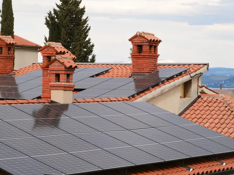 Solar panels on a pitched tiled roof
